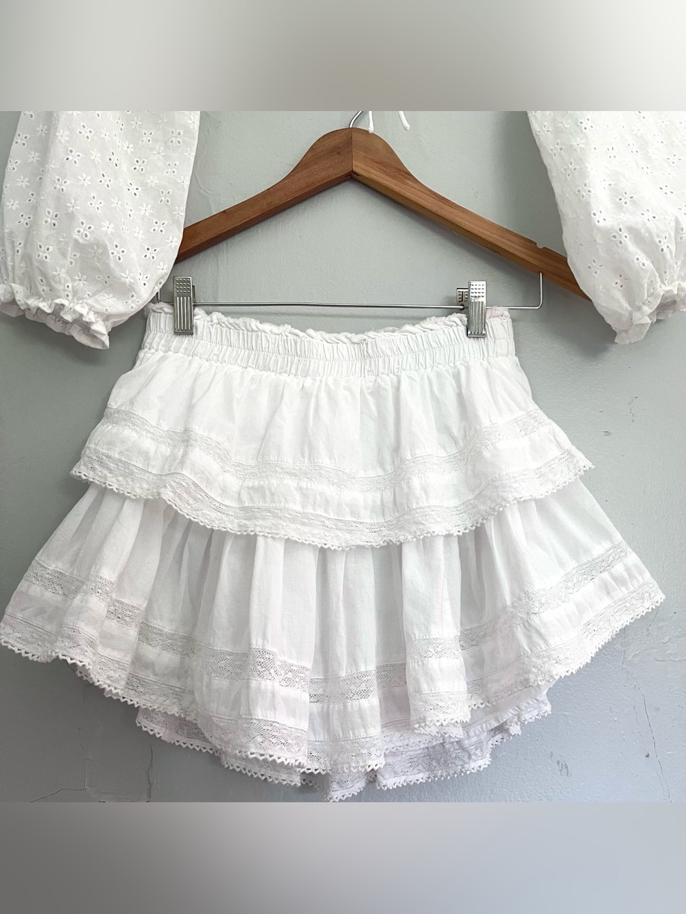 LoveShackFancy Skirt Mini White Size M Cotton Tiered Crochet lace ruffle WORN 1X